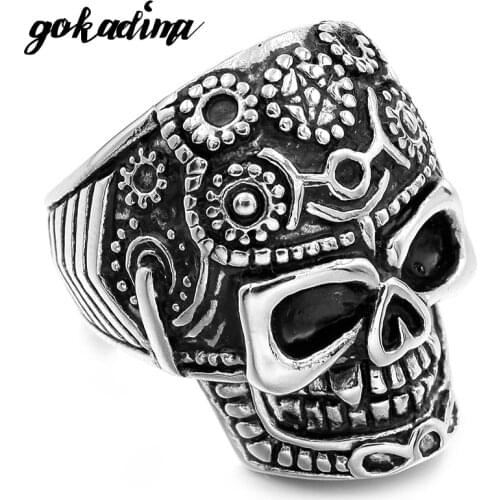 G0KADIMA Cool Biker Stainless Steel Skull Ring PUNK Star Skeletons Gothic Mens Jewelry Party Style WR164