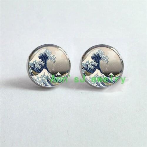 HZ4-00253 1pair-Great-eardrops Wave-Off-stud earrings Kanagawa-Earrings-jewelry-glass-Cabochon-Earrings