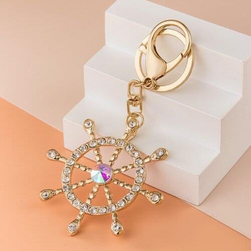 Wheel Rudder Rhinestone inlaid Metal Keychain Creative Crystal Pendant Bag Car Keyring Jewelry Lanyard Accessory Charm Girl Gift