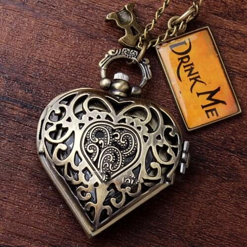 Fashion Bronze Heart Shape Hollow Case Drink Me Alice In Wonderland Pocket Watch Necklace Women Lady Girl Love Best Xmas Gift