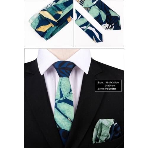 Ricnais Fashion Plant Leaves 7cm Slim Set For Men Neck Tie and Handkerchief Narrow Set for Wedding Business Party Casual Gift