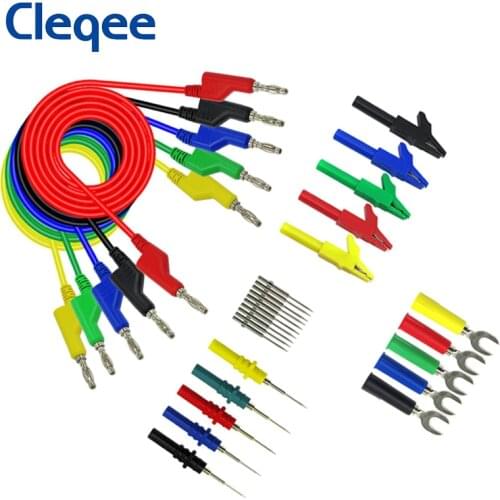Cleqee P1036B series 4mm Dual Stackable Banana Plug Test Leads Kit with Alligator Clip Spade Plug & Test Probes for Multimeter