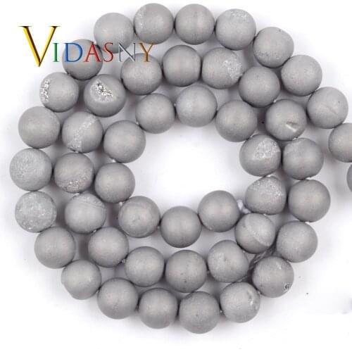 Natural Stone 6/8/10/12mm Sliver Plated Druzy Agates Round Beads for Jewelry Making Bracelet Necklace Accessories 15" Wholesale
