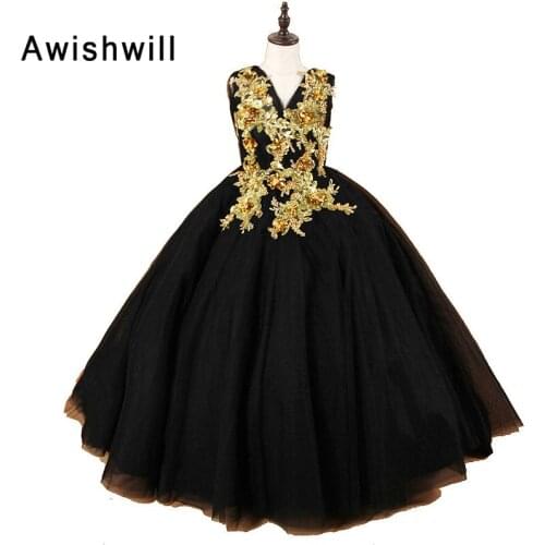 Real Photo Black Ball Gown Flower Girl Dresses 2020 V-Neck Appliques Tulle Long Train Girls Communion Dress Children Prom Gowns