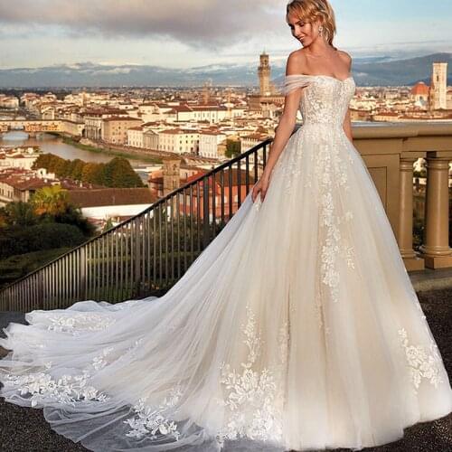 Off Shoulder Beach Wedding Dresses Appliqes Tulle Bridal Gowns Boho Ball Gown Princess Party Dress With Court Train