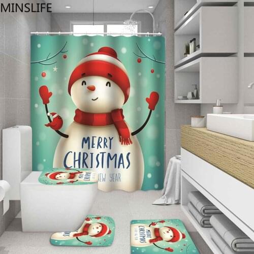 Happy New Year Snowman Pattern Bathroom Set with Shower Curtain and Rugs Toilet Bath Mat and Holiday Party Christmas Decoration