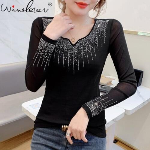 Spring Fall European Clothes T-Shirt Girls Fashion V-Neck Shiny Diamonds Women Tops All Match Sexy Back Tees New 2021 T11507A