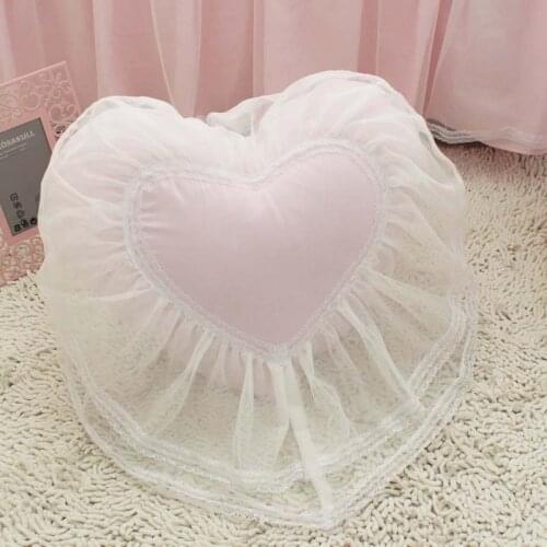 Top Sweet Heart shaped cushion wedding bed pillow princess lace ruffle coussin cushions girl sofa pillows 100% cotton fabric