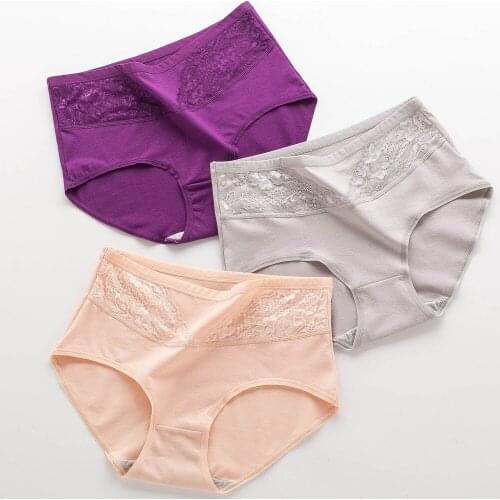 Lace Nntibacterial Cotton Underwear Women Pure Middle Waist Large Size Fat High Plus Panties Ladies Briefs Drop Shipping wt11
