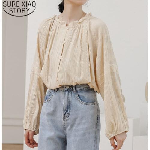 Vintage Lantern Sleeve Korean Ladies Tops Early Spring Blouse Cotton Chic Shirt Women Round Collar Apricot Blusas Mujer 13029