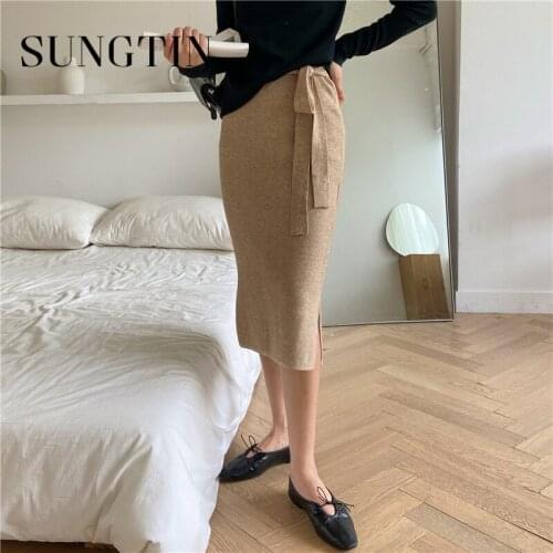 Sungtin Solid High Waist Office Lady Skirt Women Winter Autumn Bodycon Knitted Skirt Female Soft Lace Up Slim Falda Mujer Belt