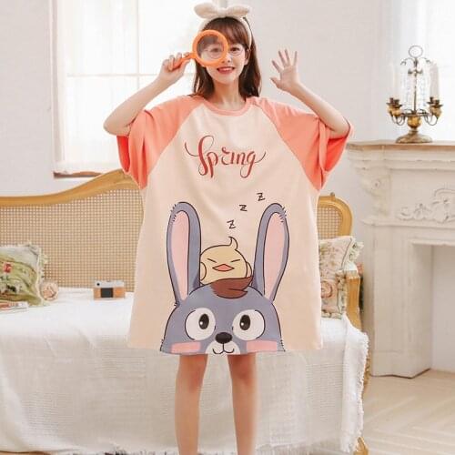 Ladies 100% Cotton Nightdress Cute Cartoon Women Nightshirt Loose Plus Size Sleepwear Summer New Nightgowns Kawaii Homewear