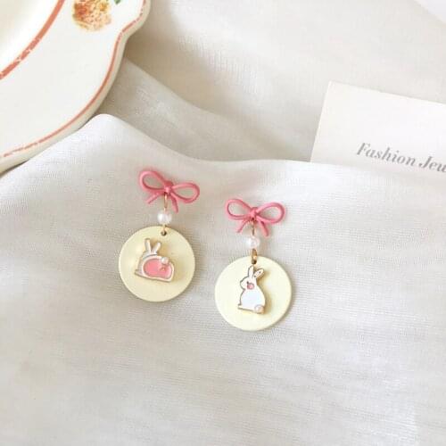 Bow cartoon cute bunny sweet pearl earrings