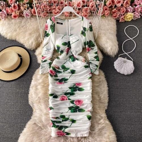 2021 Summer Fall Chic Ruched Stretch Sheath Dress for Women Bodycon Sexy Square Collar Rose Floral Print Elegant Party Dresses