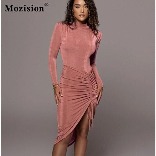 Mozision Drawstring Ruched Madi Dress Women Autumn O Neck Full Sleeve Long Dresses Femme Fashion Irregular Elegant Dress
