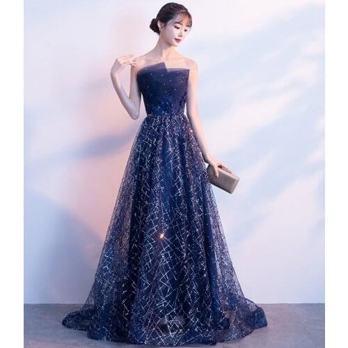 2019 New Strapless Navy Blue Long Evening Dress Vintage Prom Party Gowns Vestido De Festa Off The Shoulder Cheap Evening Gowns