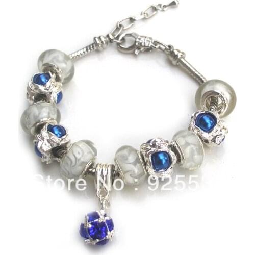 Free shipping women silver plated copper snake chain white glass beads blue metal charms fashion DIY European bracelet