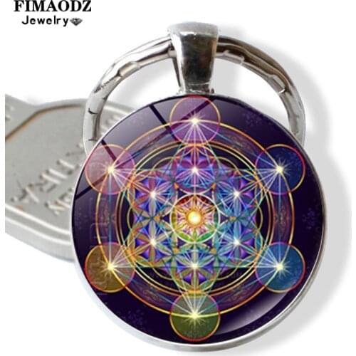FIMAODZ Metatron Cube Keychain Sacred Geometry Star Chakra Spiritual Glass Cabochon Pendant Key Chain for Men Women Gift