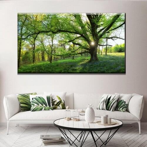 Natural Fresh Sunshine Canvas Print Painting Green Tree Poster Forest Landscape Wall Art Pictures for Home Decor