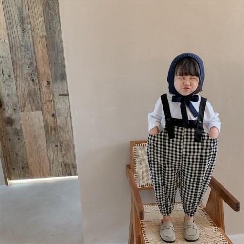 8483 Children Clothes Plaid Girls Overalls Autumn New 2021 Classic Suspenders Pants Casual Loose Boys Overalls Kids Jumpsuit