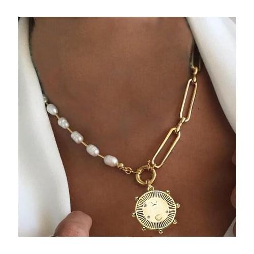 Creative Two-color Clavicle Chain Fashion Exaggerated Metal Chains Necklace natural freshwater pearl chunk Cuban links women