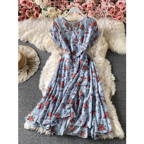 Summer Women Floral Printed Chiffon Dress Vintage Short Sleeve Irregular Ruffle Casual Vestidos Female Elegant Fashion Robe 2021