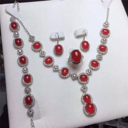 LETSFUN Fine Jewelry 925 Silver Inlaid Natural Red Chalcedony Pendant Necklace Ring Bracelet Earring Set Gifts Free Shipping
