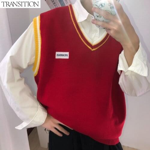 Ins selfie style embroidery sleeveless sweater vest men and women autumn V-neck sweater vest trend