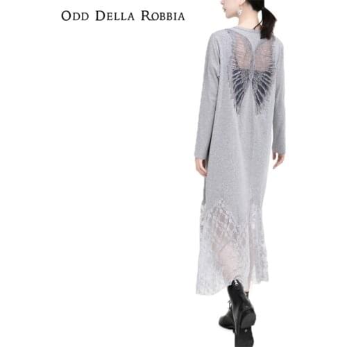 OddDellaRobbia Women Basic Loose Dress Hollow Back Angel Wings Butterfly Lace Pattern Cotton Stitching Long Sleeved Clothing 481