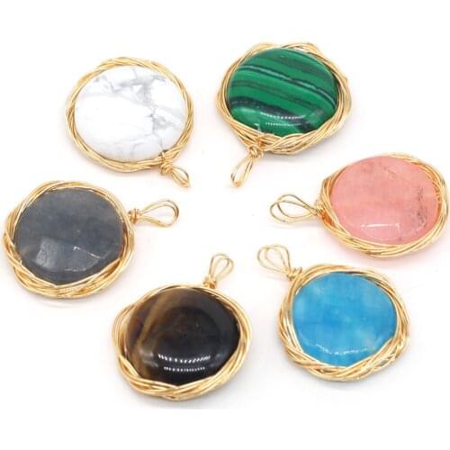 2021 New Natural StoneTiger Eye Stone Pendant Round Copper Wire Winding Charms for Jewelry Making DIY Necklace Earring 20x25mm