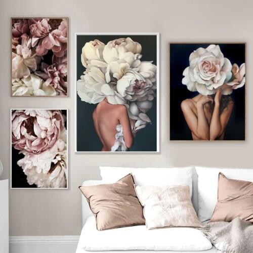 Nordic Modern Floral Woman Abstract Fashion Canvas Painting Wall Art Print Poster Flower Wall Picture for Living Room Home Decor