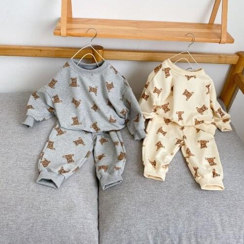2021 New Children Long Sleeve Sweatshirt Bear Print Baby Clothes Set 2pcs Boys Sport Pants Set Cotton Kids Girls Sweatshirt Set