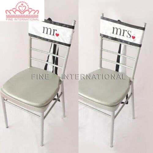 Embroidered Mr & Mrs White And Black Satin Chair Sash For Wedding