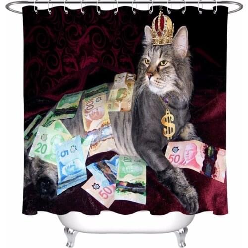 Funny Cat Crown Money Shower Curtain Extra Long Bathroom Waterproof Washable Mildew Resistant Polyester Fabric for Bathtub Decor