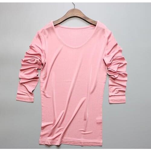 Womens spring autumn 100% Natural silk long sleeve T-shirt female elastic casual breathable plus size silk shirt tops TB183