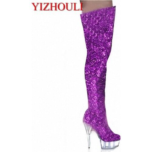 Big size 34-46, Glitter PU Leather Knee High Boots Women Crystle High Heels Platform Over The Knee Boots Night Dance Shoe