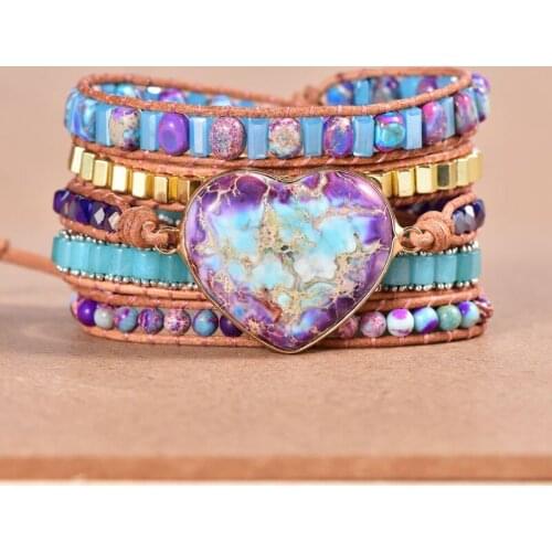 BOHO JEWELRY 5 Strands Leather Wrap Bracelet Heart Japser Women Bracelet Dropship
