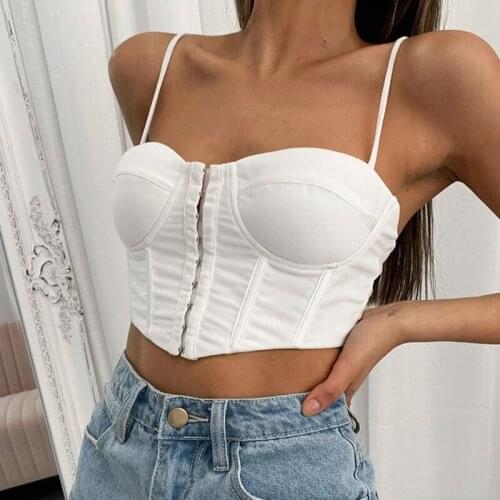 SEASONS Women Sexy Spaghetti Strap Skinny Chest Top Female Solid Buttons Corset Top Crops Bodycon Club Camis Summer ASVE82931