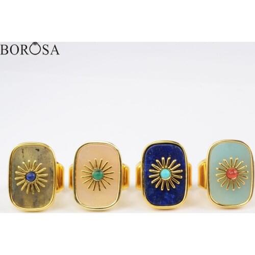 Gold Color Natural Gems Stones Ring with Metal Sun Flower Women Fashion Lapis Labradorite Open Ring Party Ring Jewelry WX1625