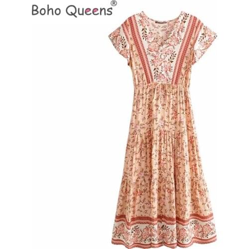 Boho Queens women floral print short sleeve tassel ruffles pleated Bohemian maxi dresses Ladies v-neck rayon Boho happie dress