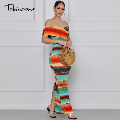 Tobinoone Off Shoulder Striped Split Maxi Dress Women Backless Sexy Pathwork Party Dresses Summer Slim Evening Bodycon Vestidos