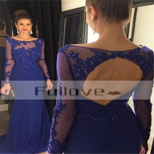 Fashion Royal Blue Mermaid Eveving Dress Long Sleeve Sheer Appliques Backless Formal Dress Party Dresses Robe De Soiree Longue