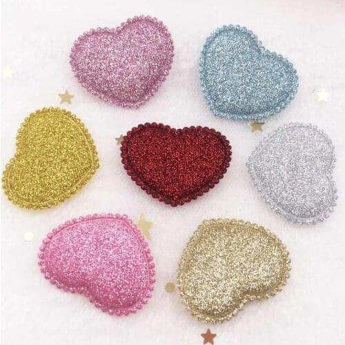 Glitter Padded bepowder Fabric Mix 30mm Heart Applique Wedding Making children Hair Clip Accessories DIY Craft Supplies SE158*2