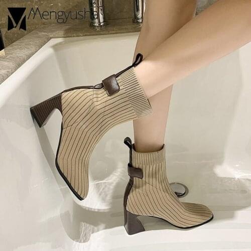 Back leather patchwork knitting boots women designer stripe weaved ankle botas mujer strange high heels winter chelsea booties