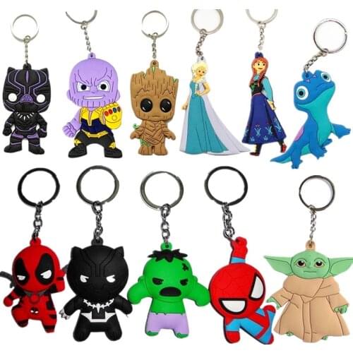 Disney Frozen Marvel Silicone Keychain Spiderman Hulk loki Venom Yoda Figures Keyring Anime Toys for Children Gift