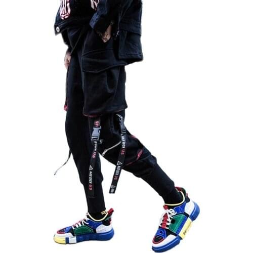 Mens multi pockets ribbons patchwork hip hop harem pants nightclub DJ punk rock stage joggers mens harajuku casual cargo pants