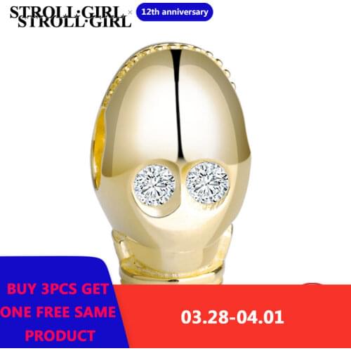 Fine Original 925 Sterling Silver Gold Robot Beads Fit European Charm Bracelet for Women Diy Jewelry Accessories