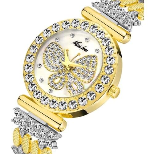 MISSFOX Butterfly Women Watches Luxury Brand Big Diamond 18K Gold Watch Waterproof Special Bracelet Expensive Ladies Wrist Watch