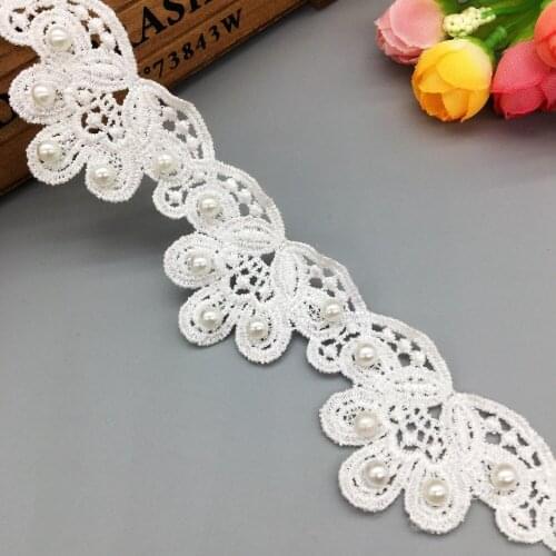 1 Yard Vintage Pearl Flower Embroidered Lace Trim Ribbon Applique DIY Sewing Craft Crochet Fabric Trimmings Wedding Dress
