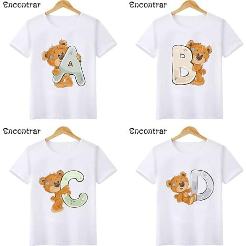 Summer 2021 Baby Girls T shirt Cute Bear 26 Letters Print Birthday Party Funny Kids T-shirts Boys Clothes Children Tops,HKP2479